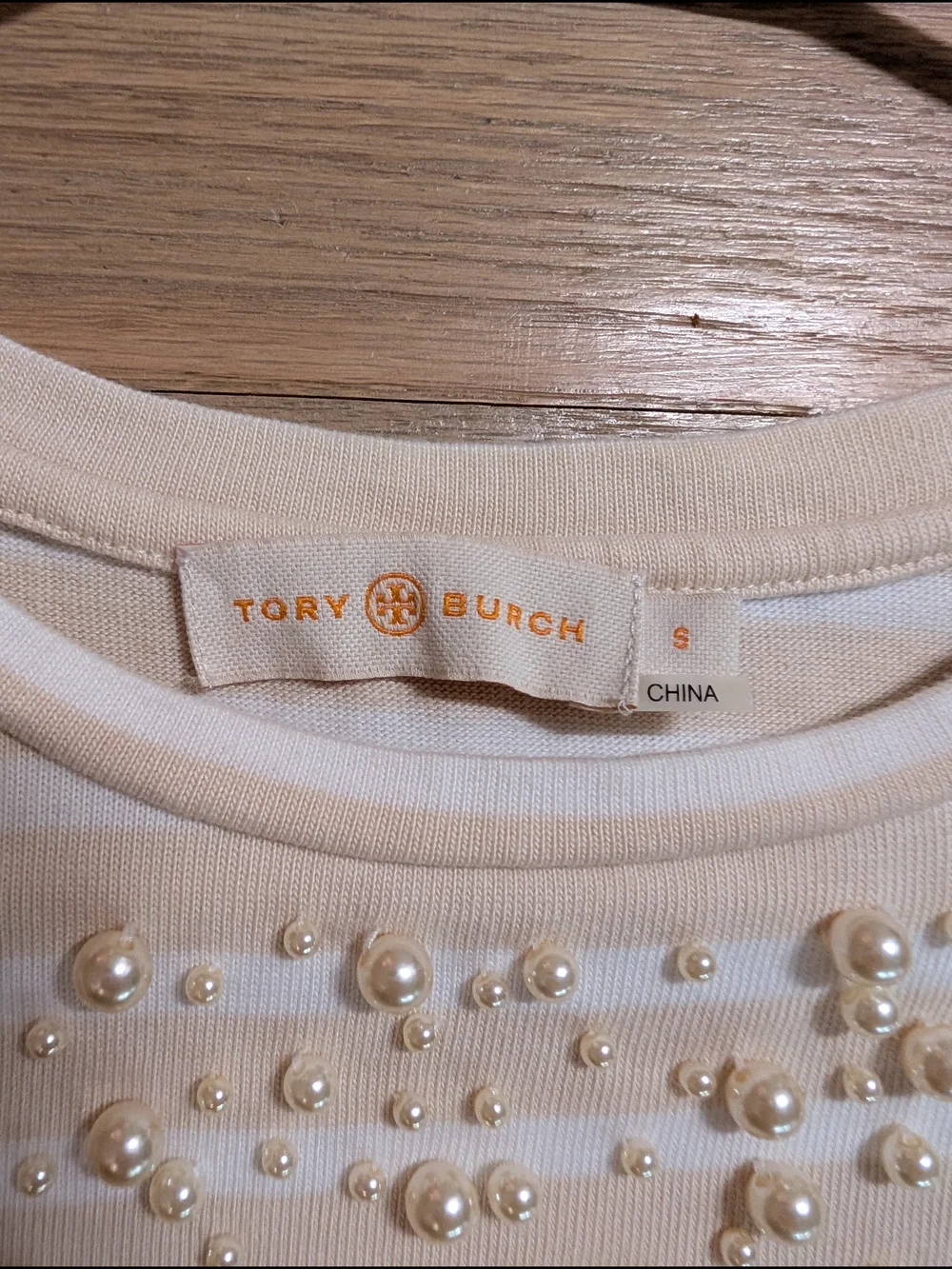 Tory Burch Cream and White Striped Long-Sleeve Tee with Pearl Beads Size S